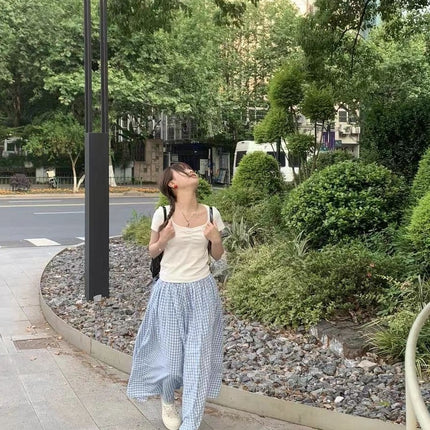 Summer New College Style Clear Blue Plaid Skirt for Women, Loose, Slim and Versatile Casual Skirt for Women