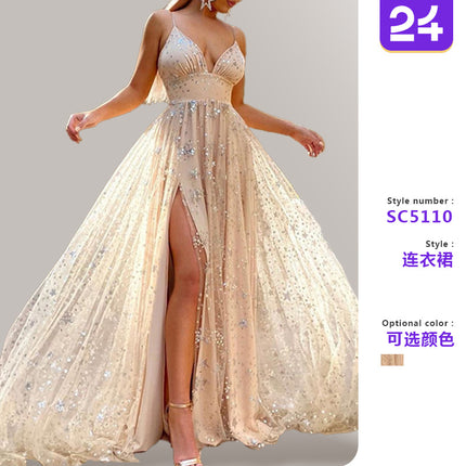 2025 Summer New European and American Amazon Suspender Waist Slit Shiny Floor-Length Long Skirt Dress for Women