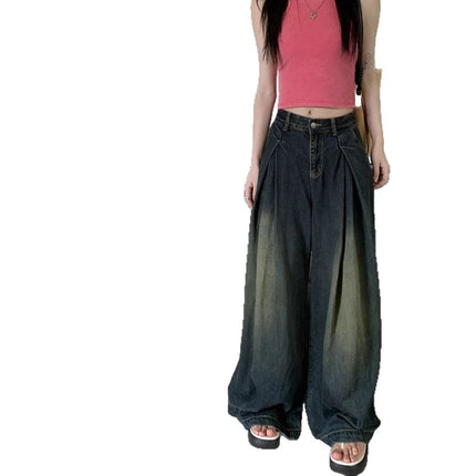 American Design Retro Jeans for Women Spring High-Waisted Slimming Loose Wide-Leg Pants Floor-Length Pants