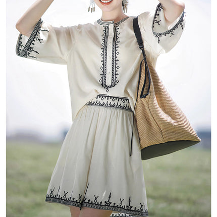 | Provence · Embroidered suit | 2024 Summer Retro Round Neck Light Luxury Small Shirt Casual Shorts suit Women