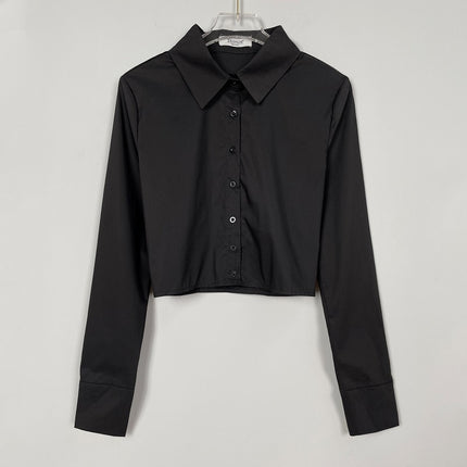 South Korea Dongdaemun New Slim-fit Slimming Sexy Spice Girl Figure Short Exposure Waist Long Sleeve Shirt Top for Women
