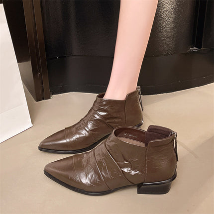 First-Layer Cowhide Pointed Toe Nude Boots for Women 2025 Autum New Flats-Soled Elegant Single Boots Niche Design Versatile Leather Boots