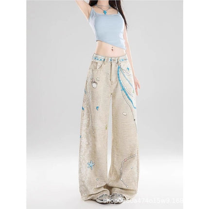 American Retro 3D Chain Print Women's Jeans Summer New Loose Slimming Wide-Leg Floor-Length Pants