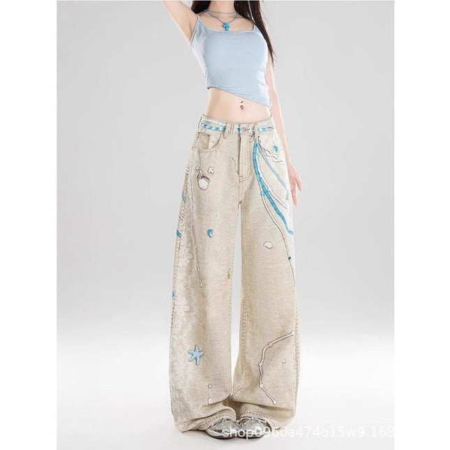 American Retro 3D Chain Print Women's Jeans Summer New Loose Slimming Wide-Leg Floor-Length Pants