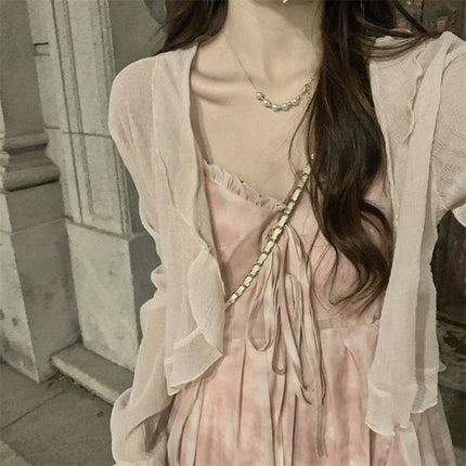 Pink floral gentle style suspender skirt cardigan two-piece set little fairy dress Mori first love skirt suit