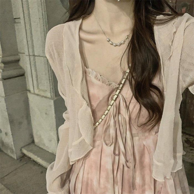 Pink floral gentle style suspender skirt cardigan two-piece set little fairy dress Mori first love skirt suit
