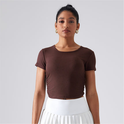 Pleated Waist Slimming T-shirt Women's Rib Stretch Naked Sports Top Summer Fitness Yoga Running Slim-fit Short-sleeve