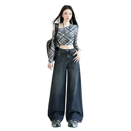 American Retro Frayed Design Wide-Leg Jeans for Women in Autumn and Winter New Style High-Waisted Loose Flesh-Covering Straight Legs