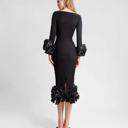 Europe and the United States cross-border boutique women's dress round neck three-dimensional flower nail drill slim hip bandage evening dress