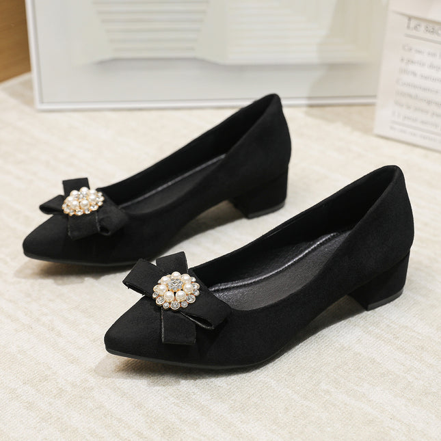 Women's Shallow Slip-On Shoes, 2026 Spring/Summer New Style, Suede with Rhinestones, Comfortable Pointed Toe High Heels, Chunky Heel Loafers