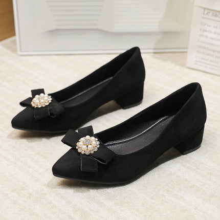 Women's Shallow Slip-On Shoes, 2026 Spring/Summer New Style, Suede with Rhinestones, Comfortable Pointed Toe High Heels, Chunky Heel Loafers