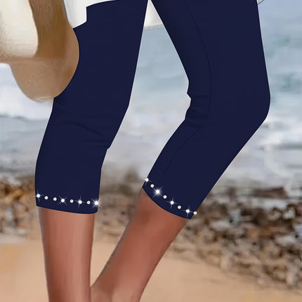 Plus Size Rhinestone Decor Capri Leggings - Casual, High-Waisted