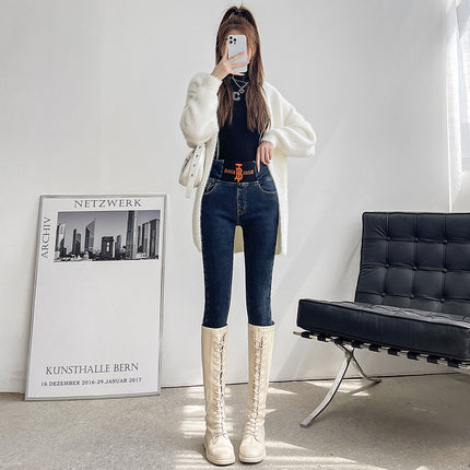 High-Waisted Women's Pencil Jeans, New Slim-Fit Skinny Pants, Stretchy, Slimming, Fleece-Lined, Thickened, Trendy Women's Pencil Pants