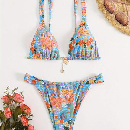 2025 European and American Split Swimsuit Female Sexy Lace-Up Printed New Bikini Two-Piece Backless Cross-Border Swimsuit for Women