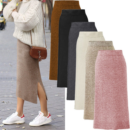Wool Skirt Women's Autumn and Winter 100kg Knitted Hip Skirt Mid-Length High Waist Large Size Thickeneded Slit One Step Skirt