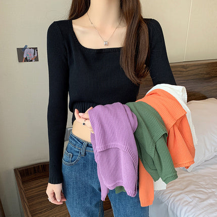 Square Neck Sweater Women's Spring and Autumn Thin Small Super A Figure High Waist Short Outer Knitted Top