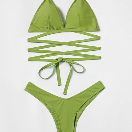 Billion Swimming 2024 Hot Selling European and American High Elastic Bikini Solid Color Sexy Wrap Strap Split Swimsuit Swimsuit for Women