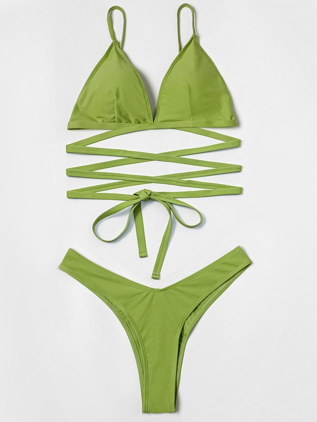 Billion Swimming 2024 Hot Selling European and American High Elastic Bikini Solid Color Sexy Wrap Strap Split Swimsuit Swimsuit for Women