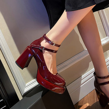 One-word Buckle Belt Mary Jane Shoes Women's wine red Shoes Small Waterproof Platform Thick Heel High Heels Not Tired Feet Black