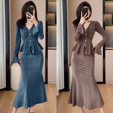 Light Luxury Celebrity Fashion Suit for Women 2024 Autum New Sequined Bell Sleeve Top Fishtail Skirt Two-Piece Set