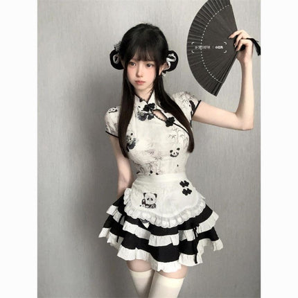 New Chinese Style Chinese Girl Print Improved Cheongsam Button Top High Waist Cake Skirt Cute Apron Summer Suit for Women