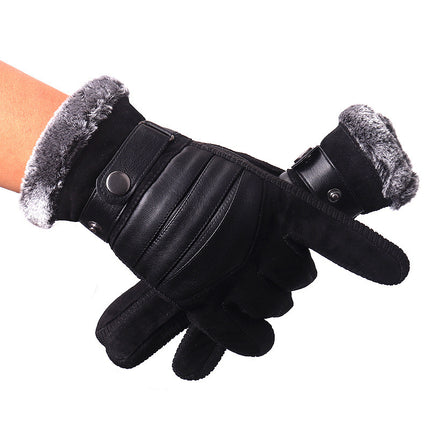 Outdoor Gloves Pigskin Gloves Men's Autumn and Winter Fleece-Lined Thickened Warm Gloves Windproof Cycling Touch Screen Gloves