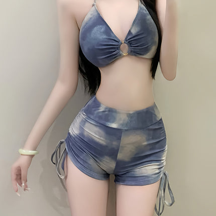 Hot Spring Swimsuit Women's Holiday American Tie-Dye Blue Three-Point Sports Split Flat-Angle Bikini Blouse Three-Piece Set