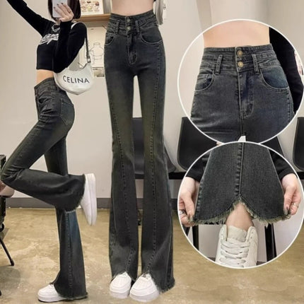 Women's Flared Pants 2025 Spring High-Waisted Tummy-Concealing Slightly Chubby Front Slit Tassel Flared Denim Floor-Length Pants