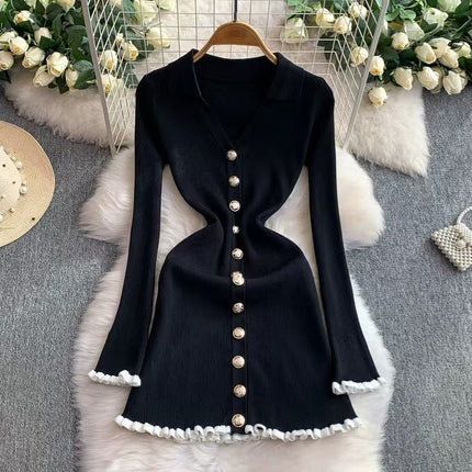 French-Style Autumn and Winter New V-Neck Long-Sleeve Knit Dress, Can Be Worn as an Inner Layer or Outerwear, Little Black Dress, Slim-Fitting Sweater Dress