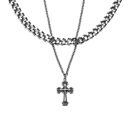 Cross Double-Layer Cuban Necklace Men's Trendy Accessible Luxury Versatile Accessories 2023 New Clavicle Chain Hip-Hop Trendy Jewelry
