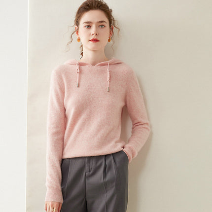 Autumn and Winter Hooded Cashmere Sweater Cashmere Long-Sleeved Pullover Versatile Pure Color Windproof Warm Hooded Cashmere Sweater for Women