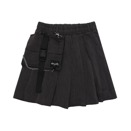 Harajuku Style Large Pocket Retro Workwear High-Waisted Pleated Skirt Half Skirt Short Skirt for Female Students A-Line