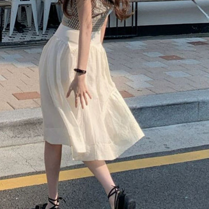 Neurz Summer Beige Glossy Clear High-Waisted French Umbrella Skirt Mid-Skirt Women's Summer Thin Half Skirt