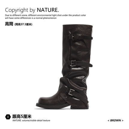 Thick-Soled Belt Buckle Trouser Boots for Women, Pleated Soft Leather Square and Round Toe Mid-Calf Boots, Autumn and Winter New High-Top Knight Boots