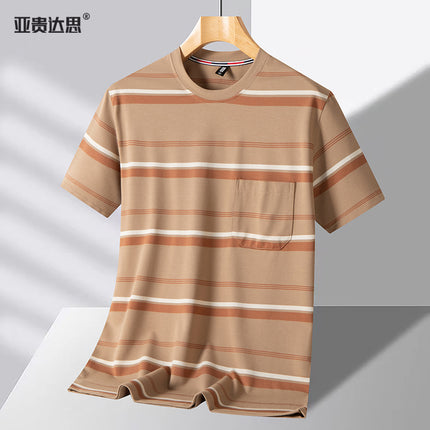Dad T-shirt short sleeve summer pocket round neck yarn-dyed striped middle-aged men's top middle-aged and elderly plus size men's clothing