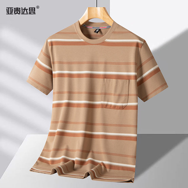 Dad T-shirt short sleeve summer pocket round neck yarn-dyed striped middle-aged men's top middle-aged and elderly plus size men's clothing