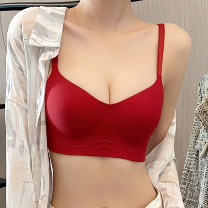 Large Bust Seamless Bra, One-Piece Thin Style Without Underwire, Anti-Sagging, Side Breast Collection, Bridal Wedding Dress Red Bra, Push-Up