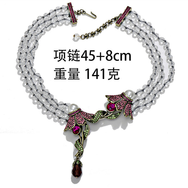 Exaggerated mid-ancient light luxury Iris full Diamond Pearl Crystal necklace suit fashion luxury crystal stud earrings necklace