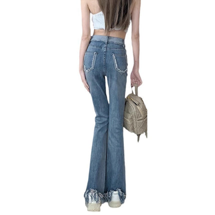 light blue Fringed Weiling Jeans Women's Trendy All-match New High Waist plus size Slim-fit Slim-fit Elastic Slim-fit Wide-leg Pants