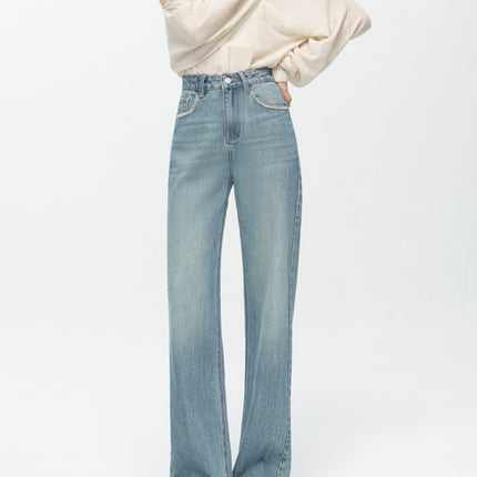 High-End 2026 Women's Jeans Spring Vintage Korean Style Simple Loose Drape High-Waisted Slimming Floor-Length Pants