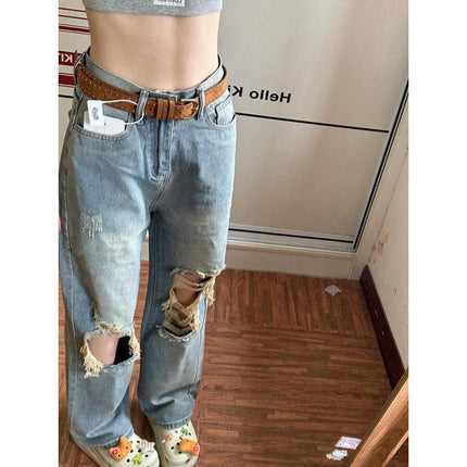 Distressed Ripped Straight-Leg Jeans for Women, American Retro High-Waisted Loose Slimming Versatile Distressed Wide-Leg Floor-Length Pants
