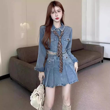 Internet Celebrity Fried Street Denim Skirt Two-piece Suit Women's Autumn and Summer Elegant New Goddess Fan Short-sleeved Spice Girls Pleated Short Skirt