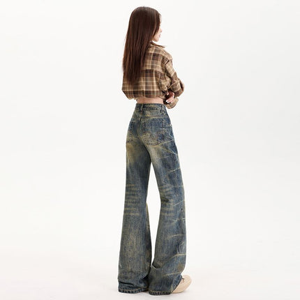 Spring 2025 New American Style Nostalgia Hand-Embroidered Pinch Pleated Spray Ma Ji Heavy Industry Nostalgia Micro La Jeans Women
