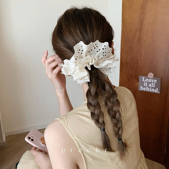 French Style White Mori Style Large Intestine Hair Ring Bear Lace Hair Rope Headwear Women's Rubber Tendon Hair Rope Hair Accessories Lace
