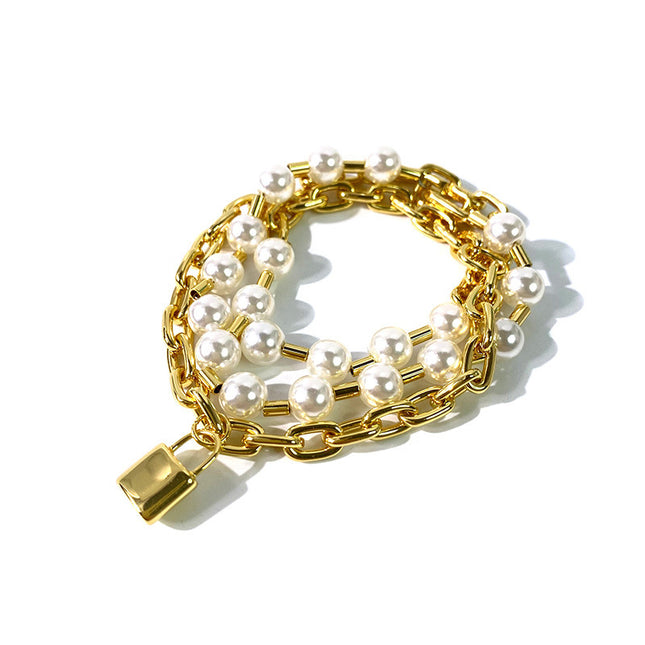 Guangzhou Factory European and American Style Fashion Pearl Thick Chain Multi-Layer Lock Pendant Three-Circle Bracelet for Women Ins Niche Bracelet