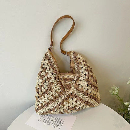 Straw Bag Women's Large-Capacity Bag New Chinese Style Color Matching Shoulder Bag Summer Seaside Vacation Bag Woven Bag Armpit Bag