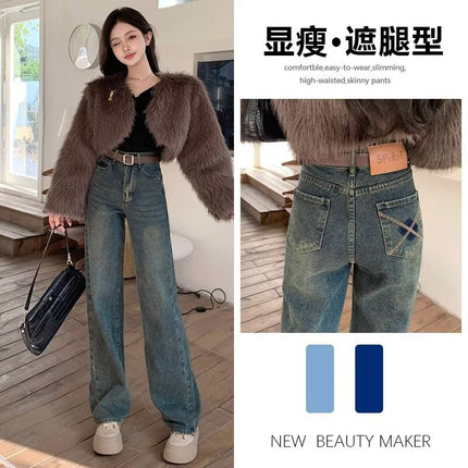 Cement Grey High Waist Loose Wide Leg Jeans Women's Spring 2025 New Slimming All-match Straight Tube Floor Long Pants