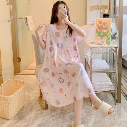 Cotton Silk Nightgown for Women, Summer Thin Short-Sleeved Printed Large Size Nightgown, Pregnant Women Can Wear It Outside, Cool Rayon Home Clothes
