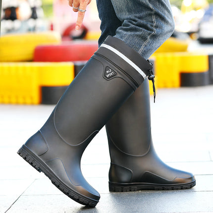 New High-Top Men's Drawstring Ankle Boots for Outdoor Use, Waterproof, Non-Slip, Long, Warm, Thickened Fishing Rubber Shoes