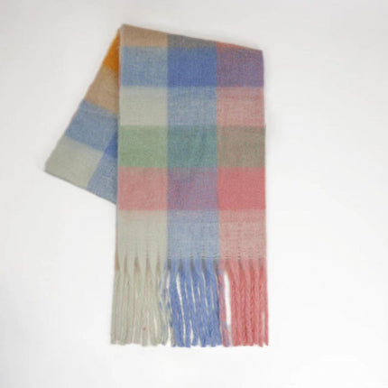 Autumn and winter European and American color matching AC cashmere thick tassel scarf rainbow plaid mohair warm female student plus